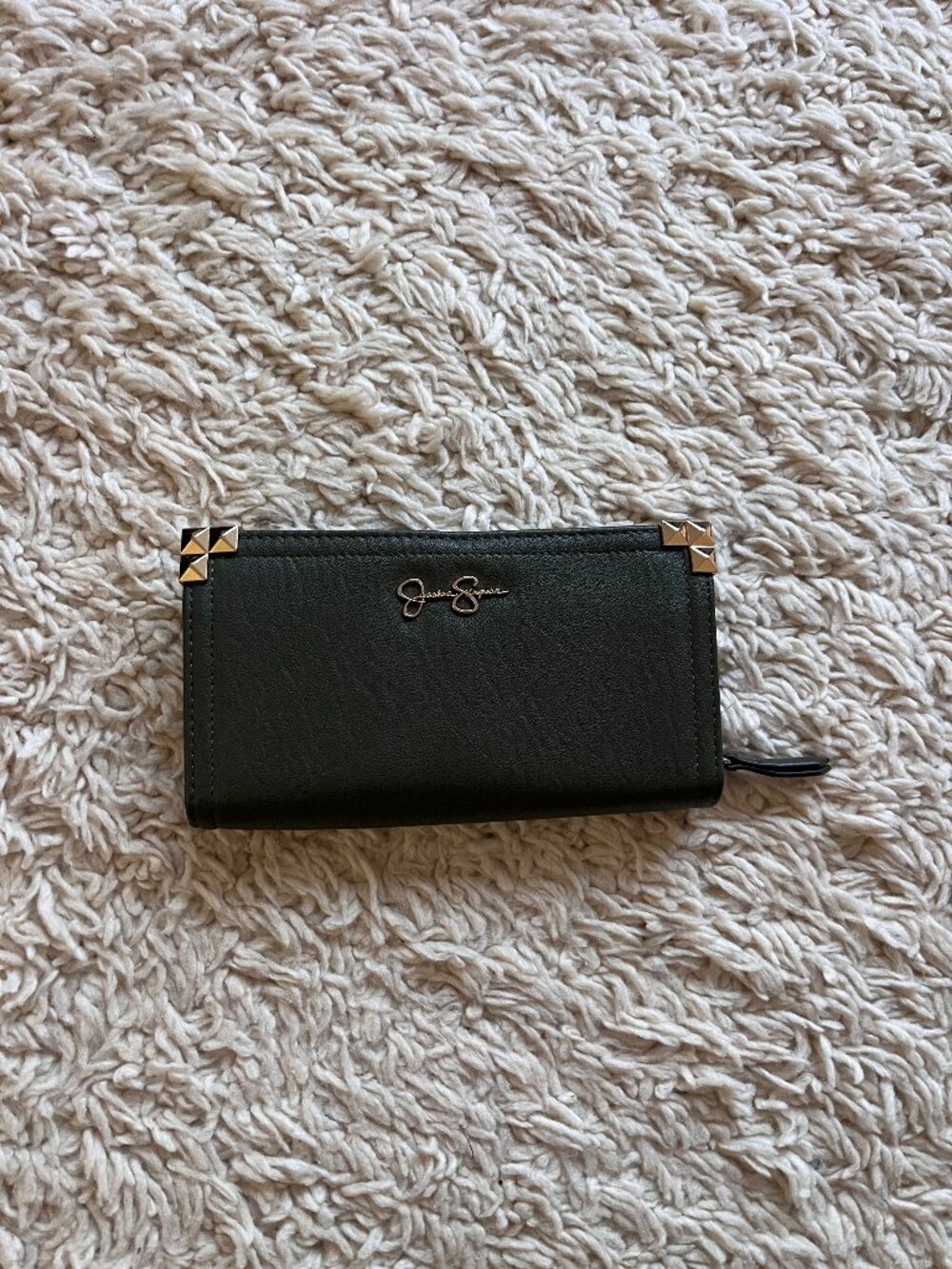 Jessica Simpson Olive Green Faux Leather Trifold Wallet Gold Studs Leopard Inter